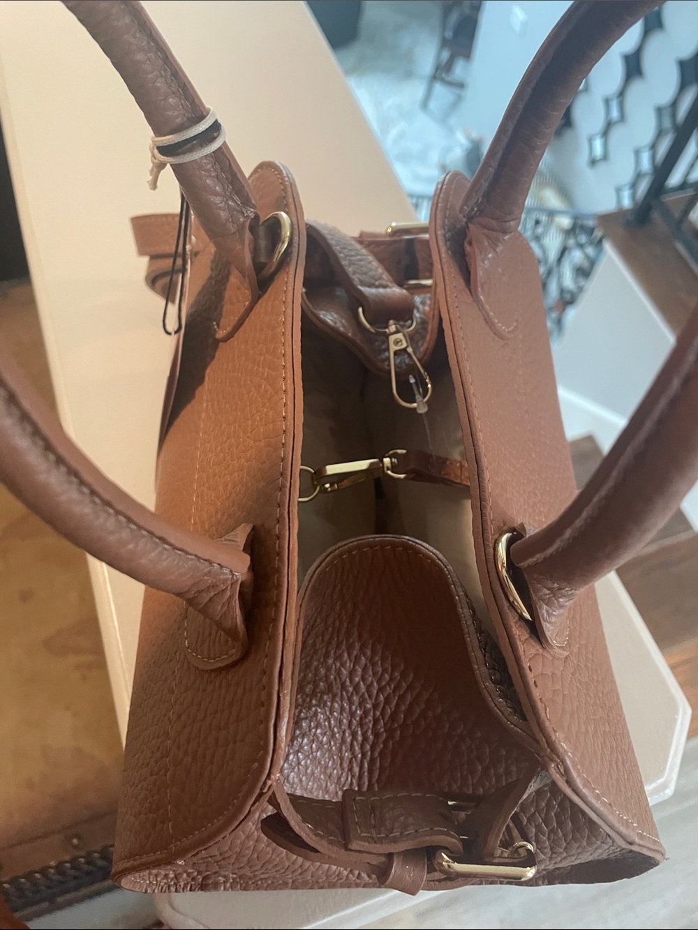 Divina Firenze Pebbled Tan Leather Dome Structured Crossbody Satchel - Picture 6 of 10